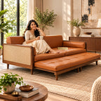 Nawabi Cane Panel Solid Teakwood 3-Seater Sofa Cum Bed