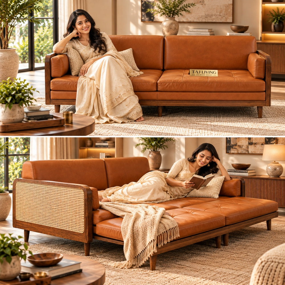 Nawabi Cane Panel Solid Teakwood 3-Seater Sofa Cum Bed