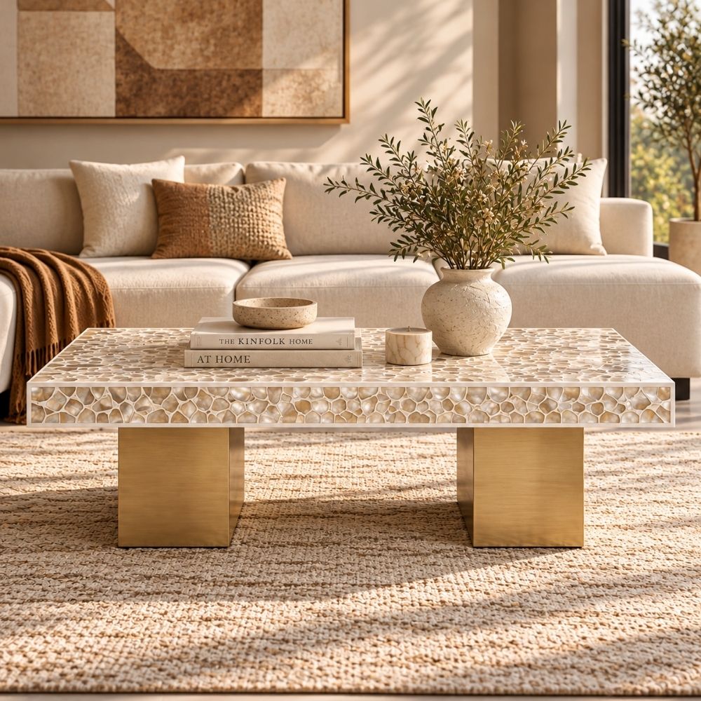 Mother of Pearl Inlay Rectangular Coffee Table, Luxury Modern Center Table