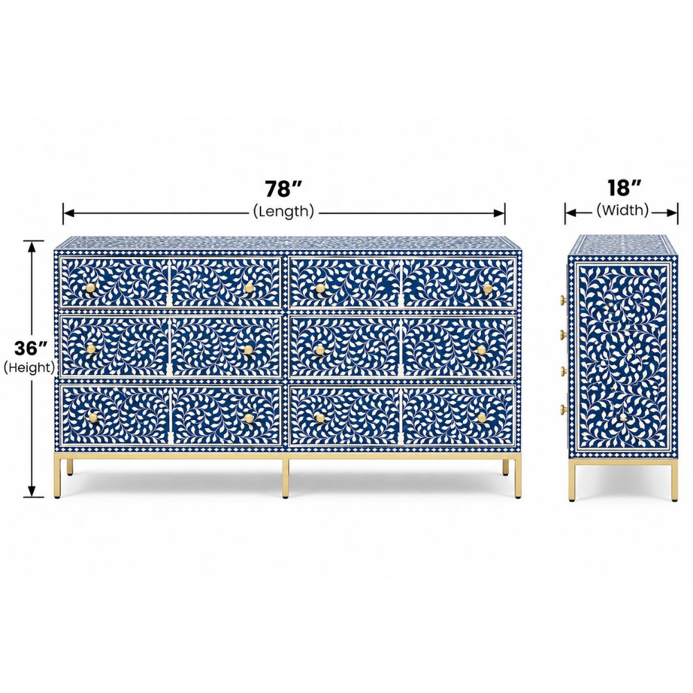 Regal Vine Bone Inlay Sideboard Cabinet - Floral Pattern