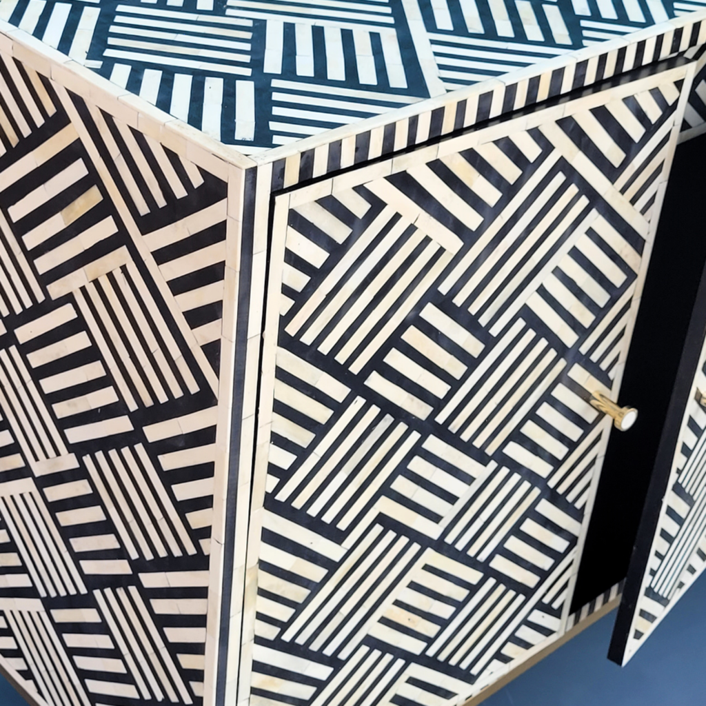 Parampara Bone Inlay Black & White 3 Door Storage Sideboard with Gold-toned legs