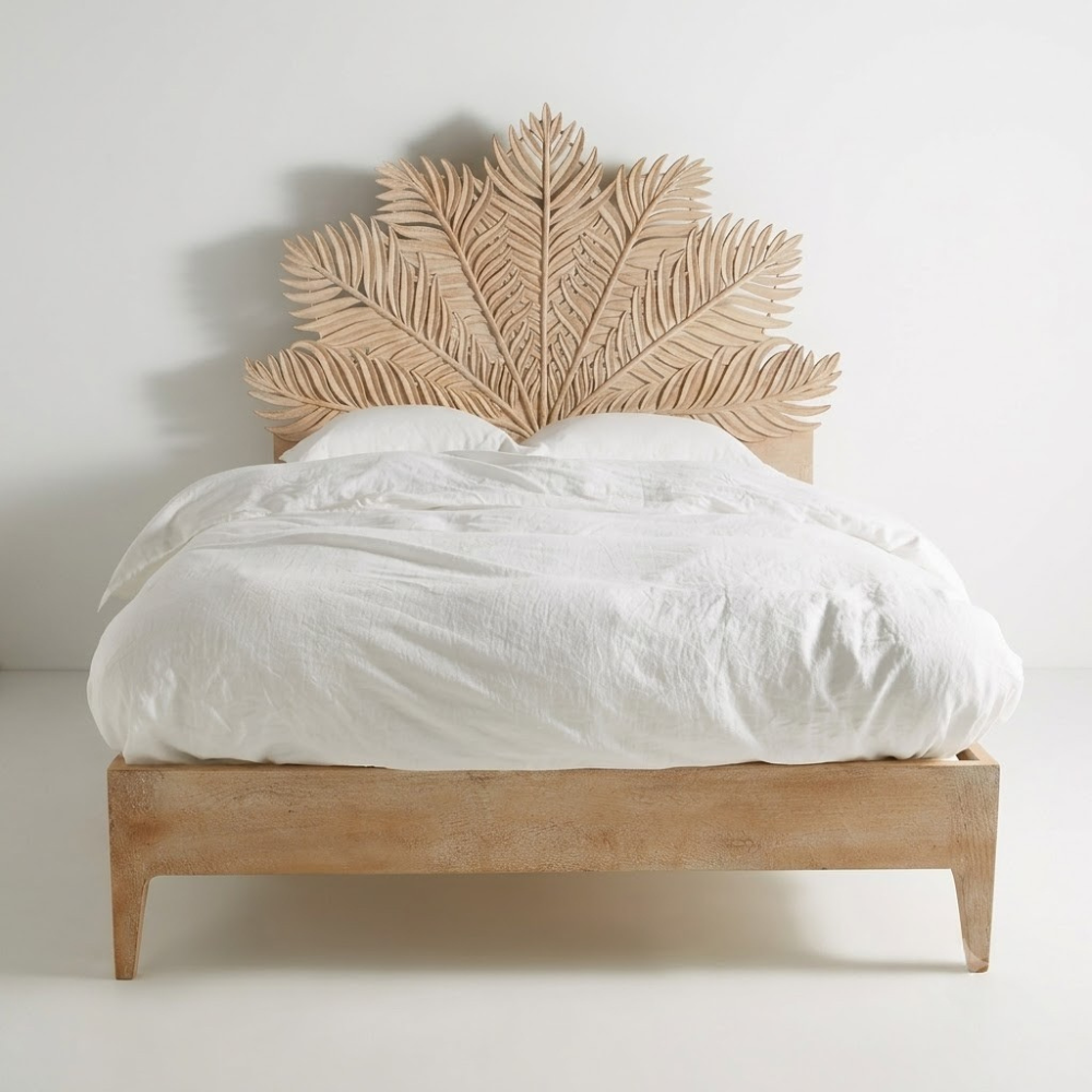 Maharani Hand-Carved Wood Super King Bed – Botanical Leaf Motif Wooden Bed Frame