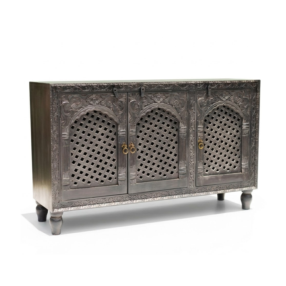 Haveli Wooden Hand Carved 3-Door Jali Cabinet / Sideboard