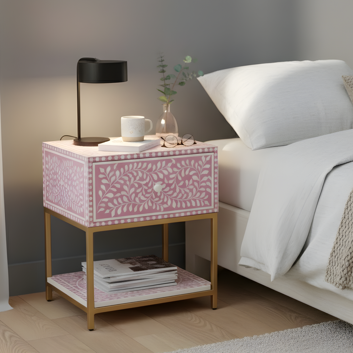Bone inlay Floral Bedside Table with Gold Metal Base