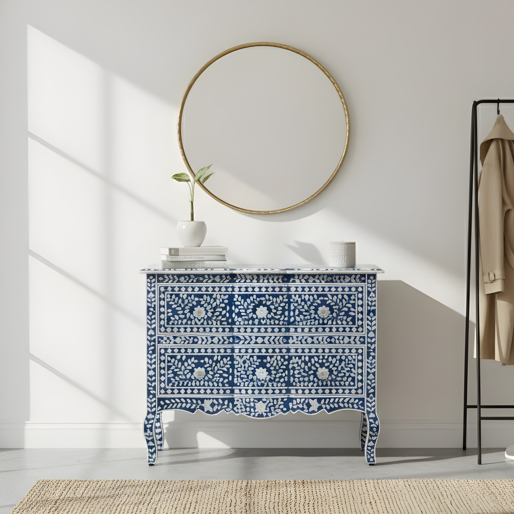 Vihana Mother of Pearl Chest of 2 Drawers Dark Blue Floral Design
