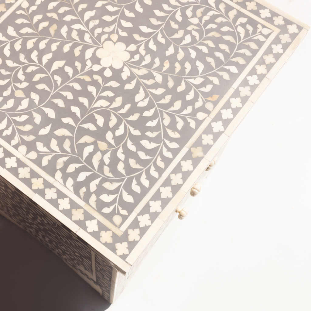 Handcrafted Grey Bone Inlay 3 Drawer Bedside Table