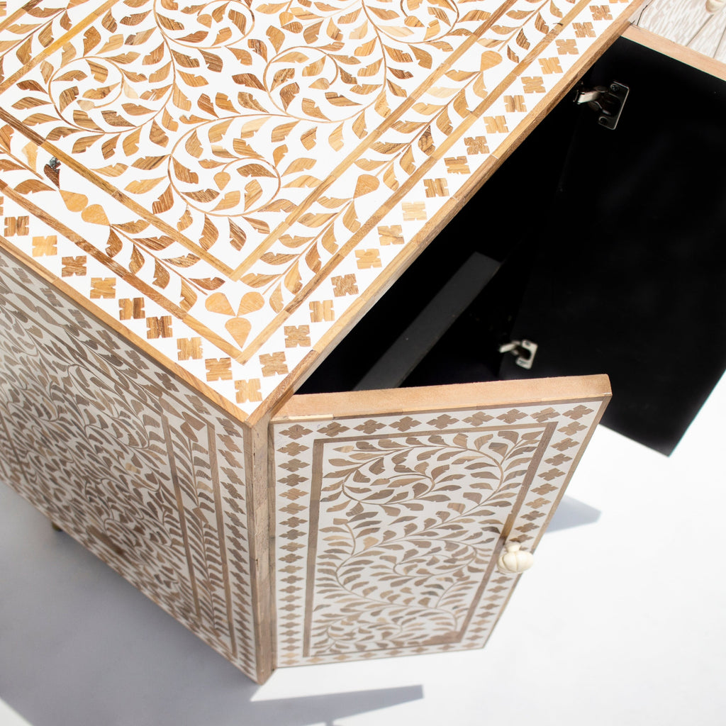 Rooprekha Floral Pattern Wooden Inlay 4-door and 3 drawers cabinet