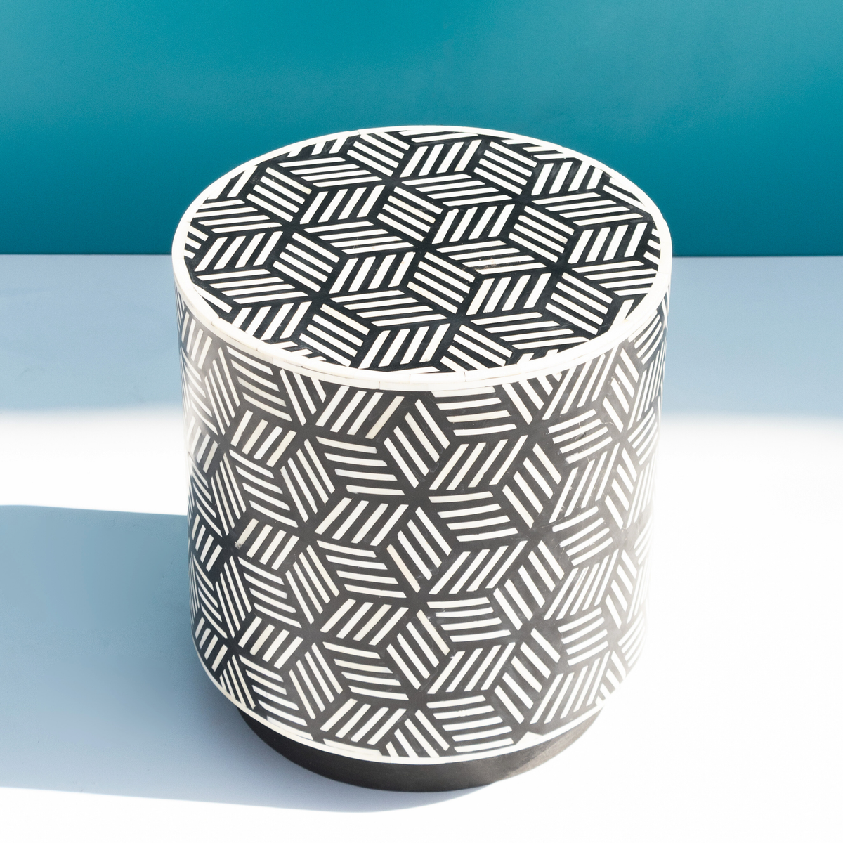 Meenakari Handcrafted Black & White Bone Inlay Round Stool Cum Side Table
