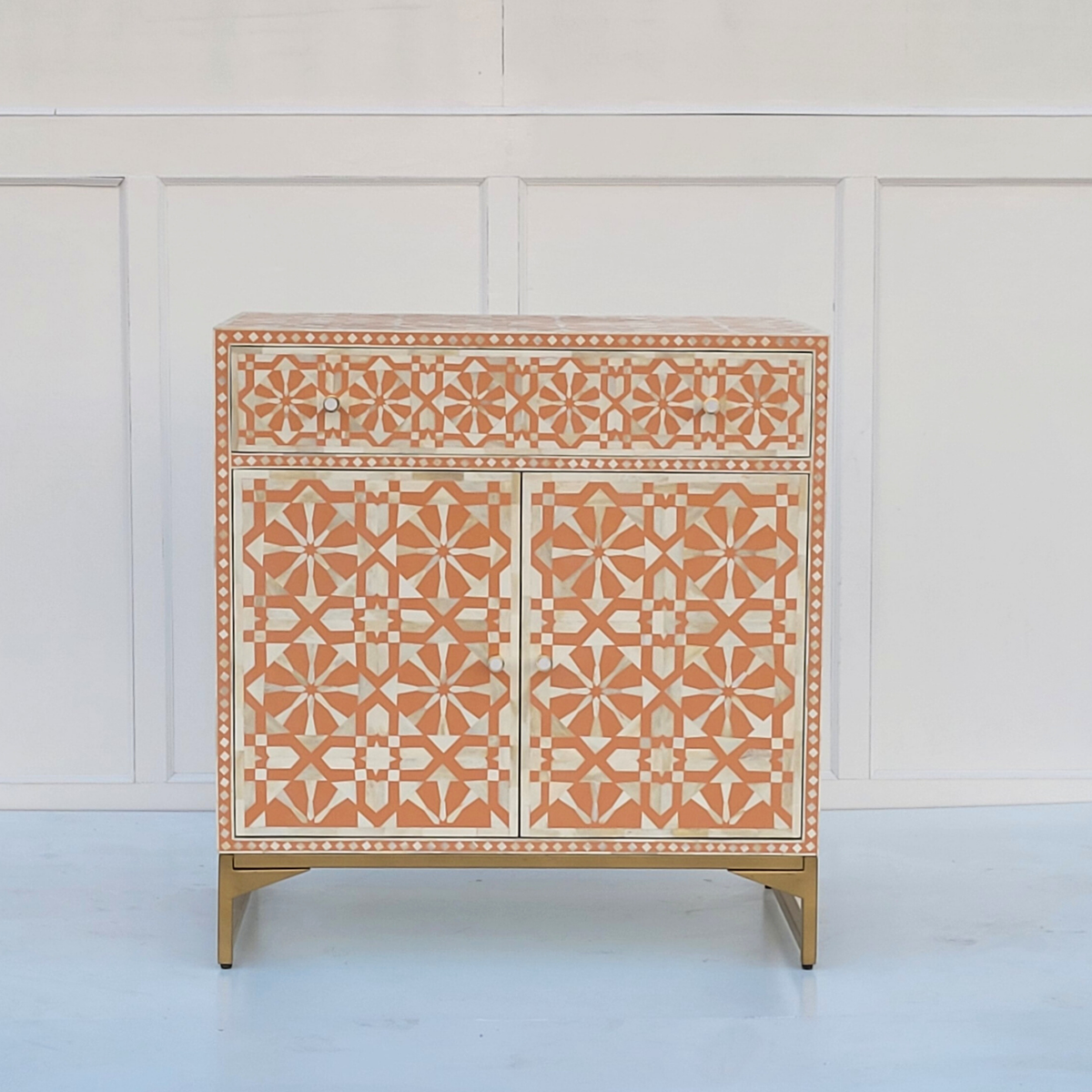 Nakashi Bone Inlay Floral Pattern Orange Cabinet with Metal Base