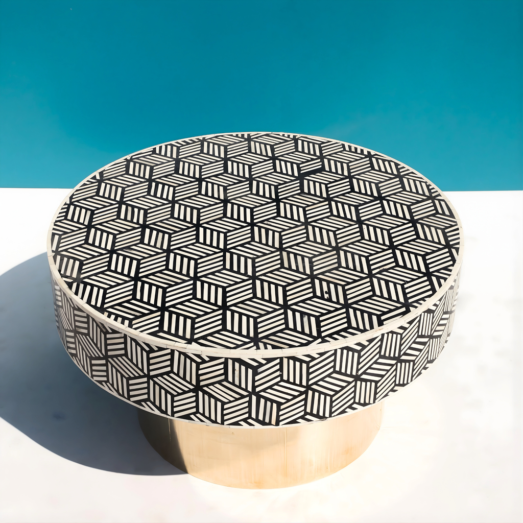 Black & White Bone Inlay Round Coffee Table with Brass Base
