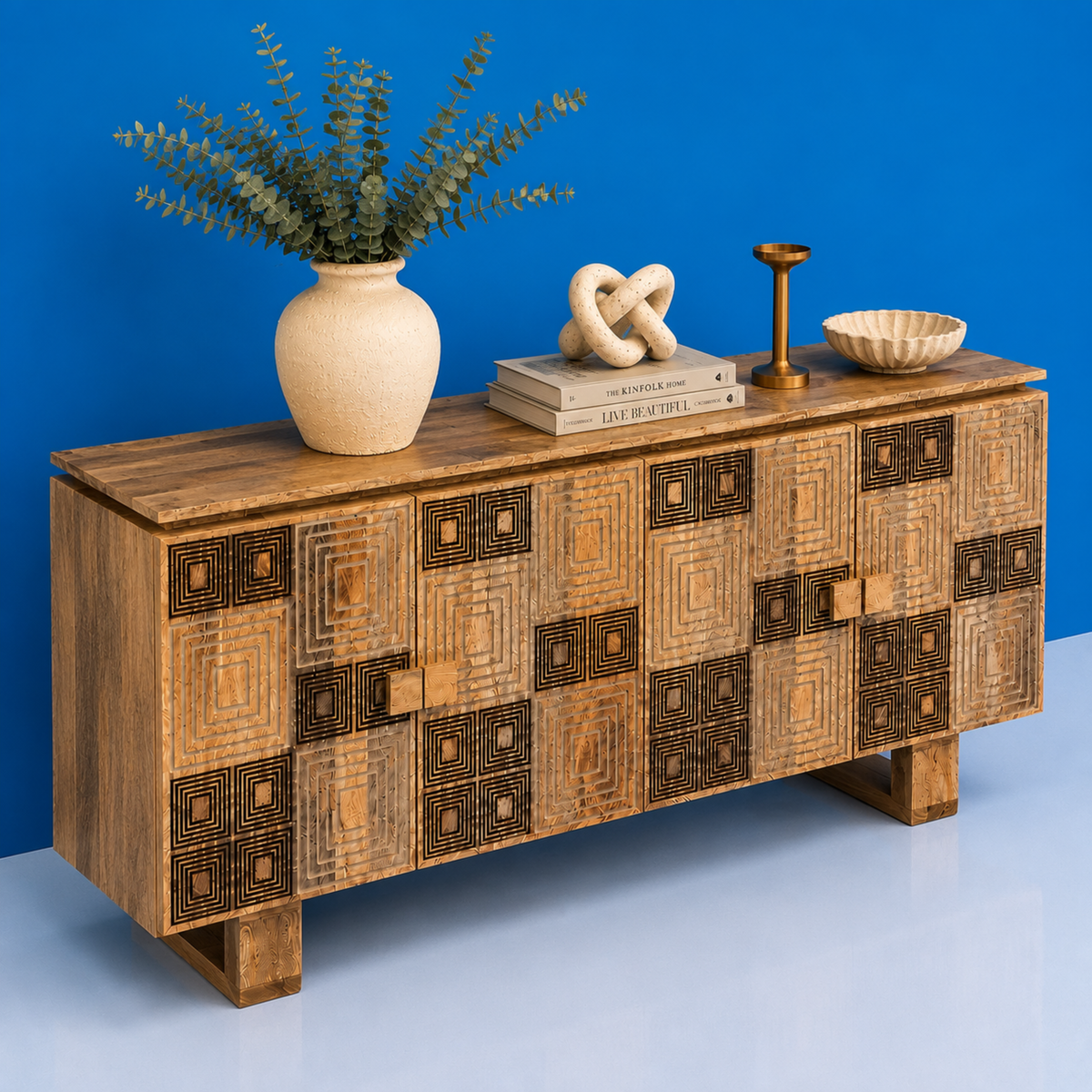 Rangmahal Geometric Wooden Block-Pattern Sideboard