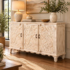Jharokha Hand-Carved Whitewashed Mango Wood Cabinet