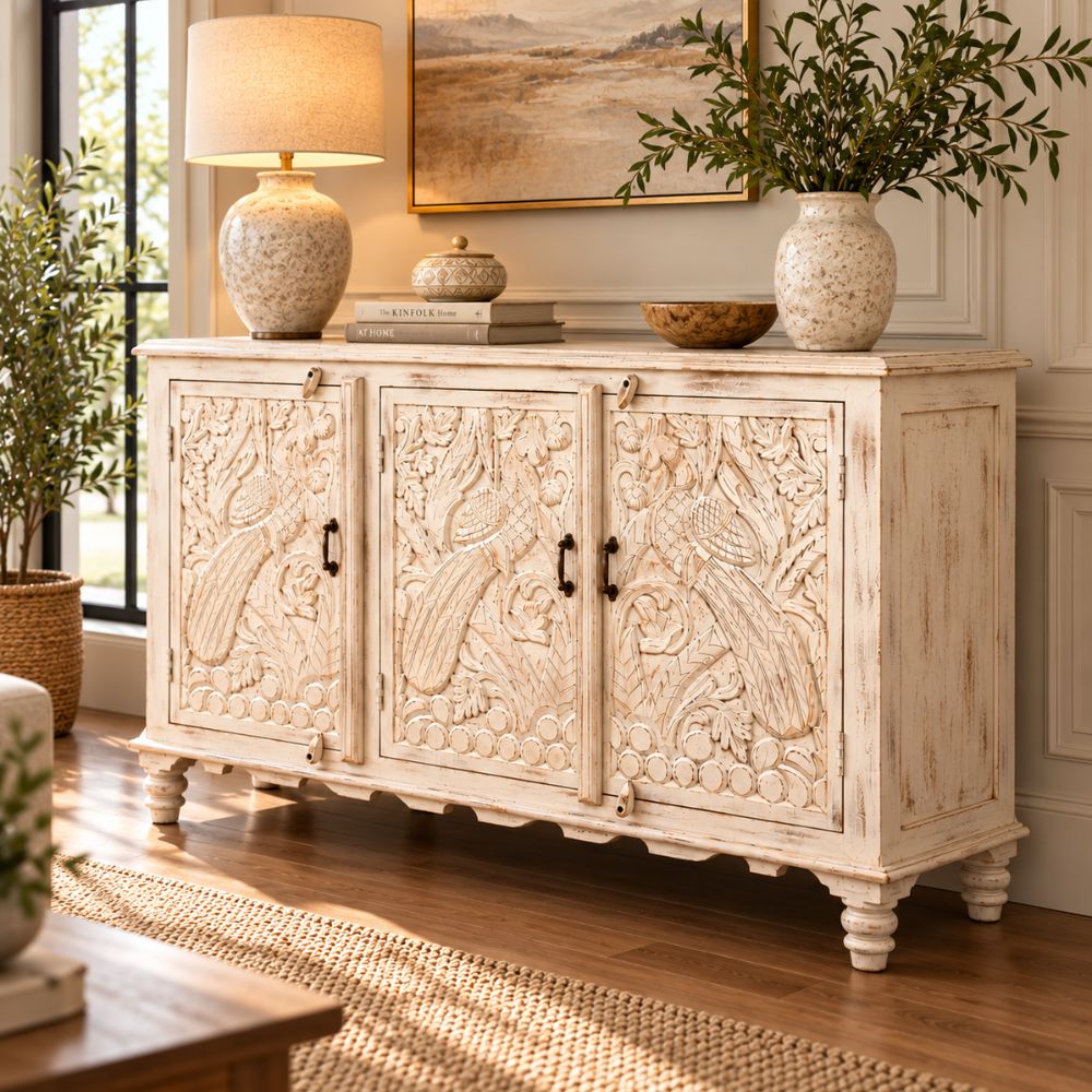 Jharokha Hand-Carved Whitewashed Mango Wood Cabinet