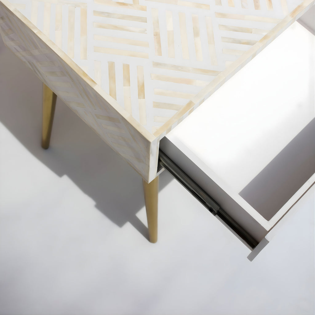 Kesarika Bone Inlay 1 Drawer White Bedside Table