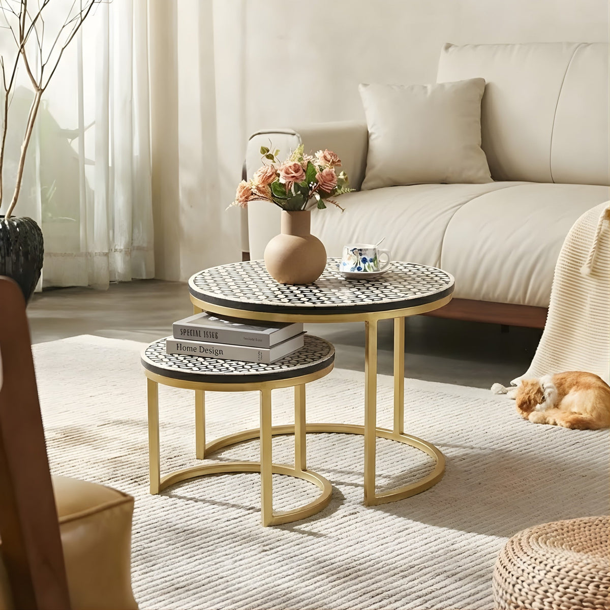 Mehraan Bone Inlay Round Coffee Tables – Set of 2