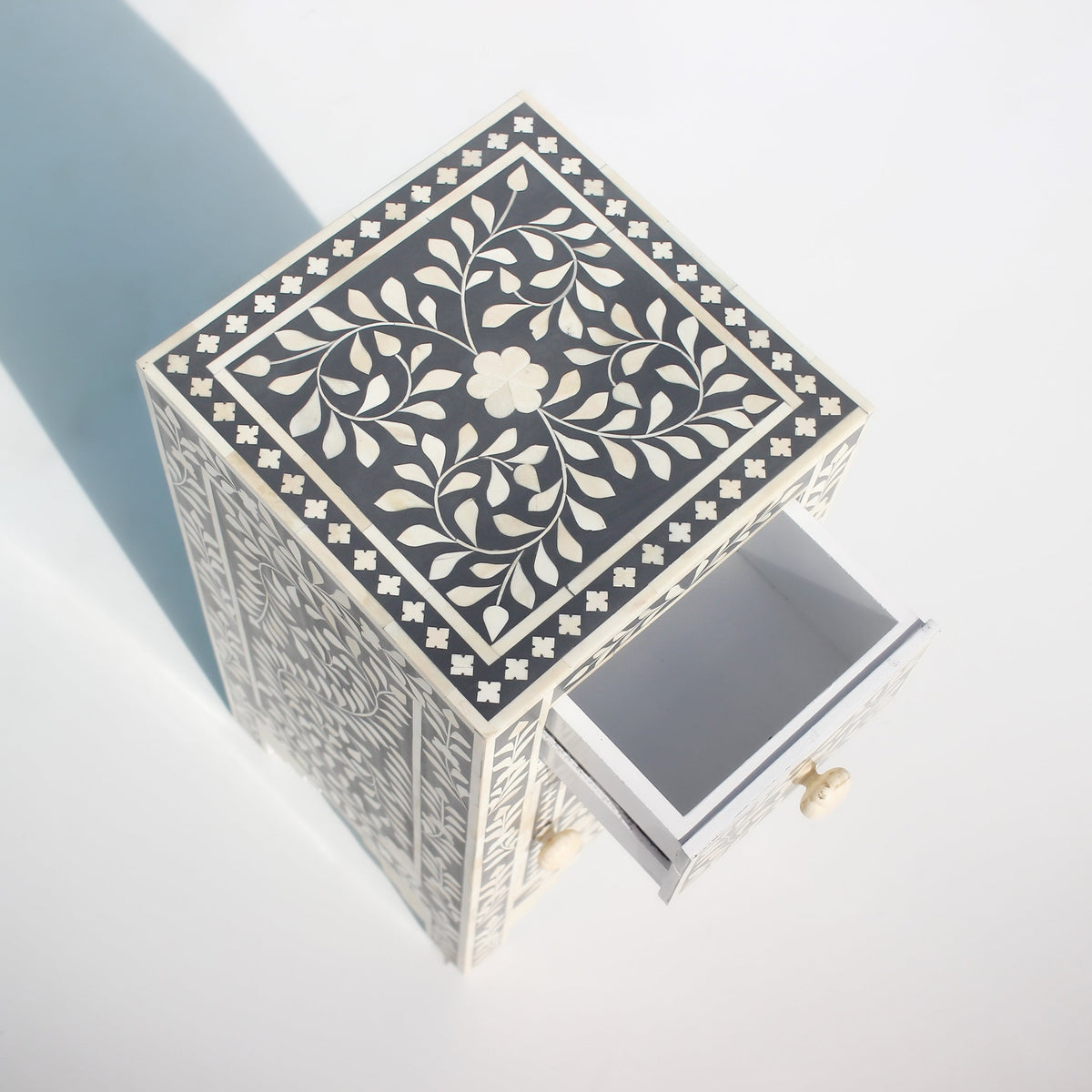 Kundanika Grey & Cream Floral Bone Inlay Bedside Table – Handmade Nightstand