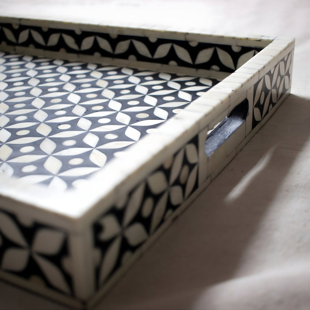 Kuldhara Bone Inlay Geometric Serving Tray