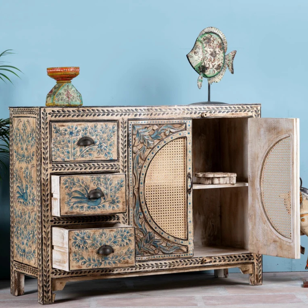Mandana Handcrafted Bone Inlay & Cane 3-Door Sideboard