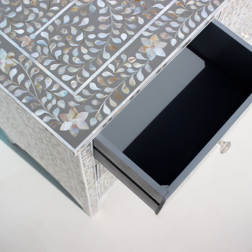 Charbagh Grey & White Floral Mother of Pearl Sideboard – Handcrafted 7-Drawer Cabinet