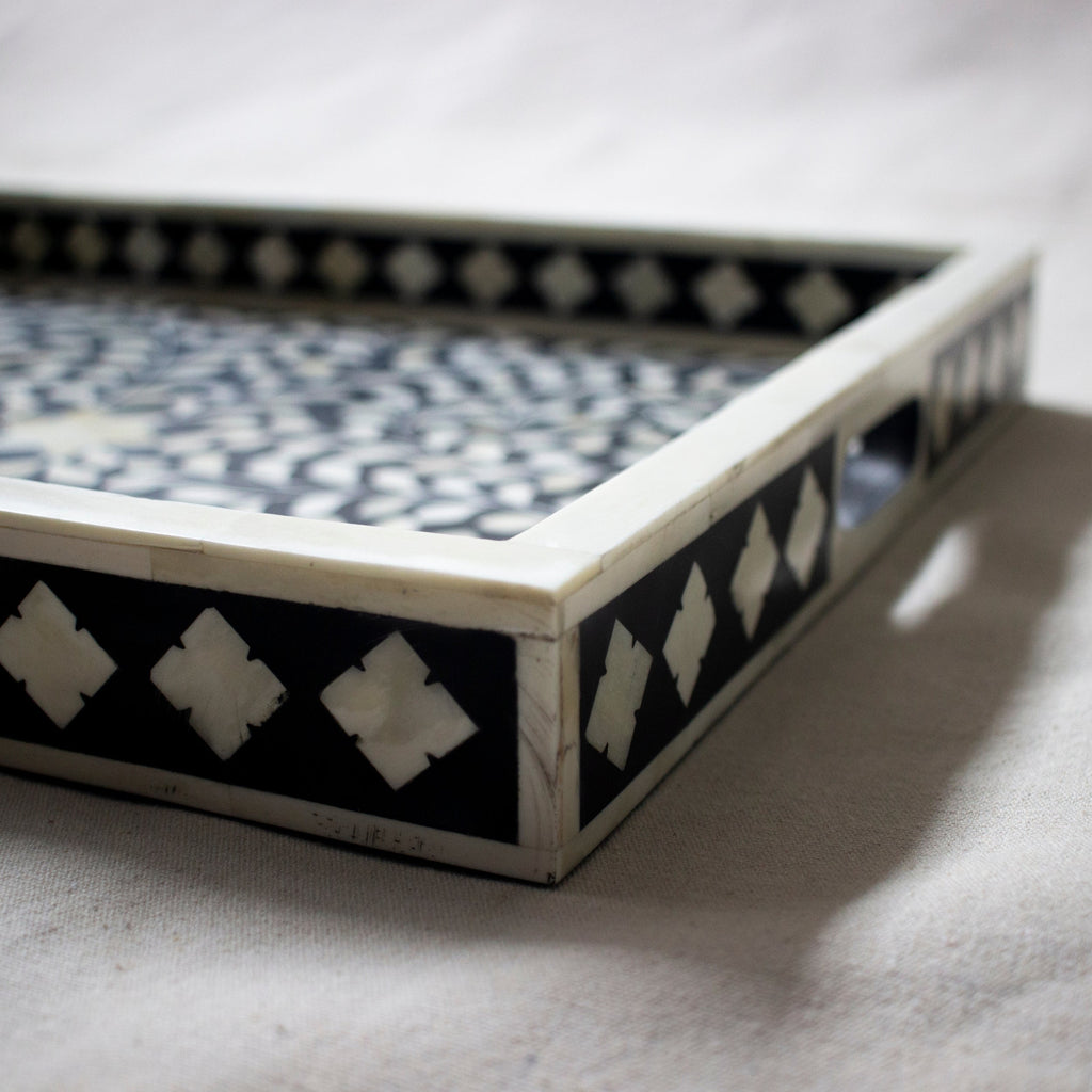 Padharo Handmade Bone Inlay Wooden Modern Floral Pattern Serving Tray
