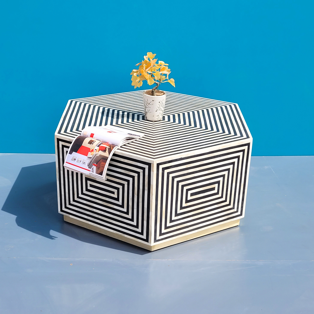 Bone Inlay Hexagon Coffee Table Geometric Pattern