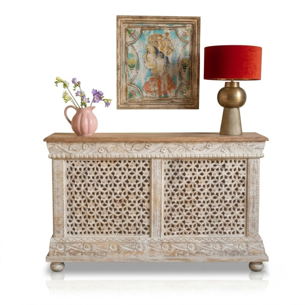 Rangriti Hand Carved Wooden Sideboard – Handcrafted Rajasthani Jali Cabinet