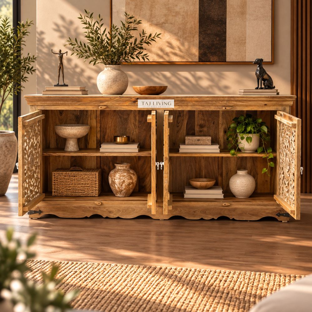 Handcrafted Solid Wood Sideboard Cabinet with Intricate Mandala Carved Doors