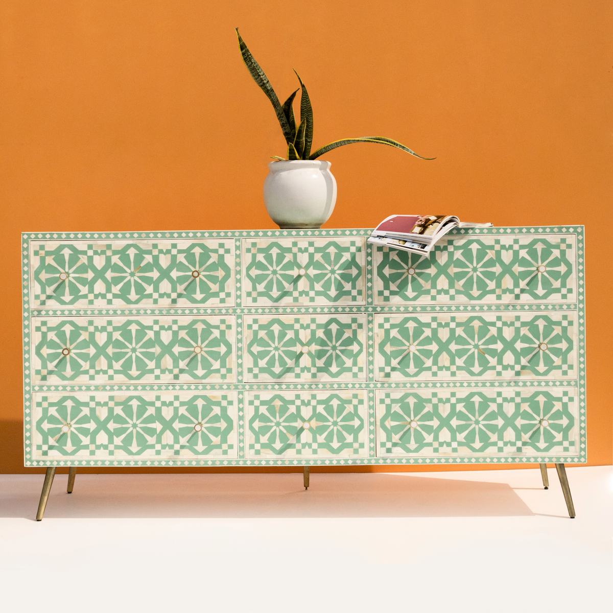 Bone Inlay Chest of 9 Drawers ( Mint Green )