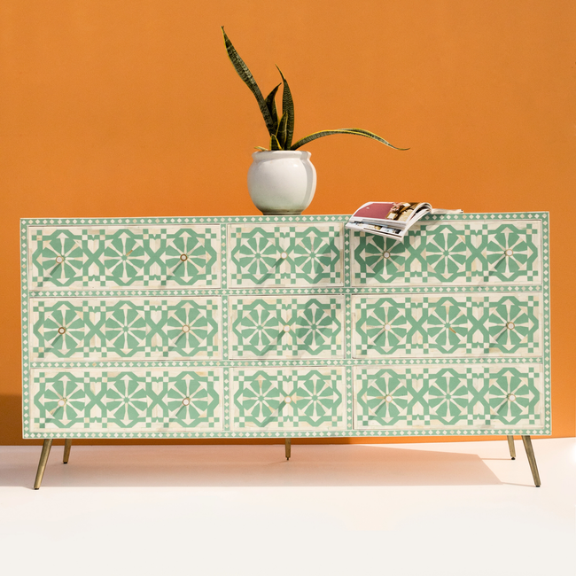 Bone Inlay Chest of 9 Drawers ( Mint Green ) Main Image