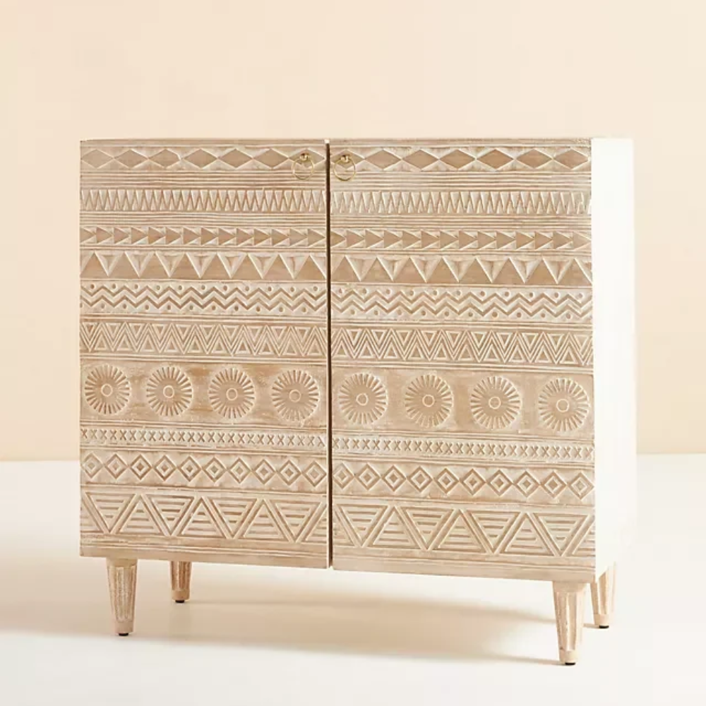 Aangan Handmade Solid Mango Wood Bar Cabinet – Distress White Finish