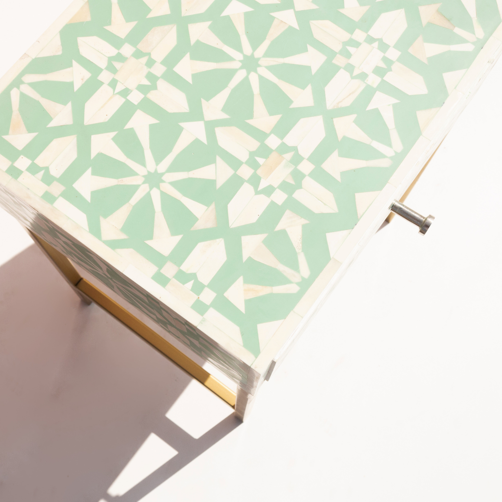 Mint Green Bone Inlay Bed Side Table with Brass Finish Legs
