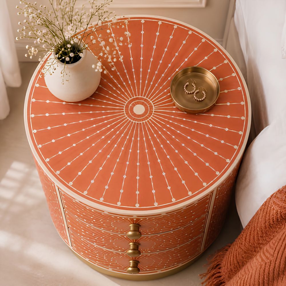 Round Bone Inlay Nightstand | Terracotta 3-Drawer Drum Table