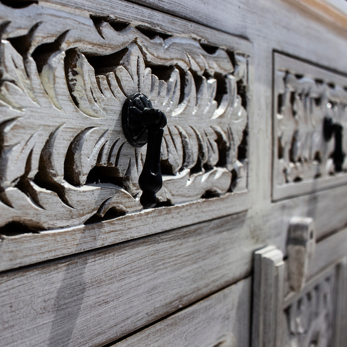 Hand-Carved Floral Wooden Cabinet – Distressed White Buffet