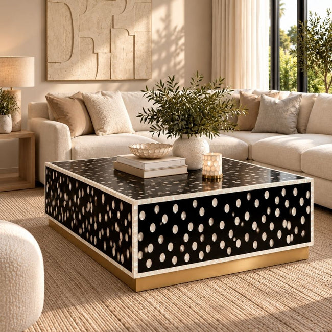Mother of Pearl Inlay Black & White Coffee Table with Brass Stand Hover Image