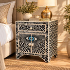 Kashvi Handmade Bone Inlay Nightstand | Black Floral Round Bedside Table