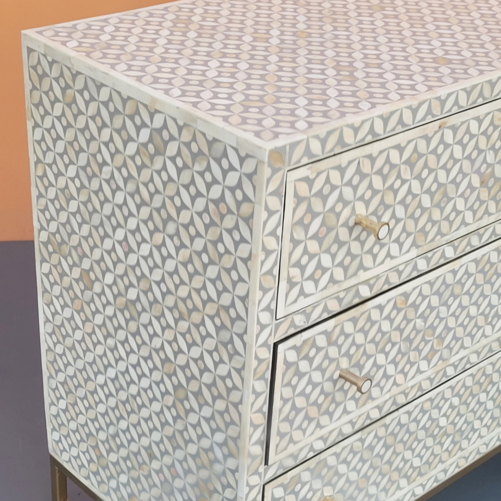 Raj Mahal Bone Inlay Chest of 6 Drawers Geometric Pattern Gold-Toned Metal Legs