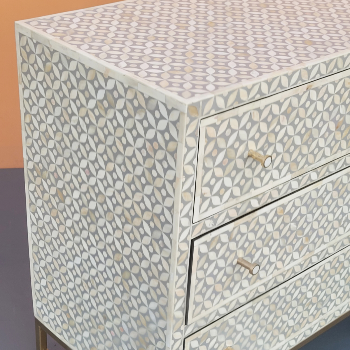 Raj Mahal Bone Inlay Chest of 6 Drawers Geometric Pattern Gold-Toned Metal Legs