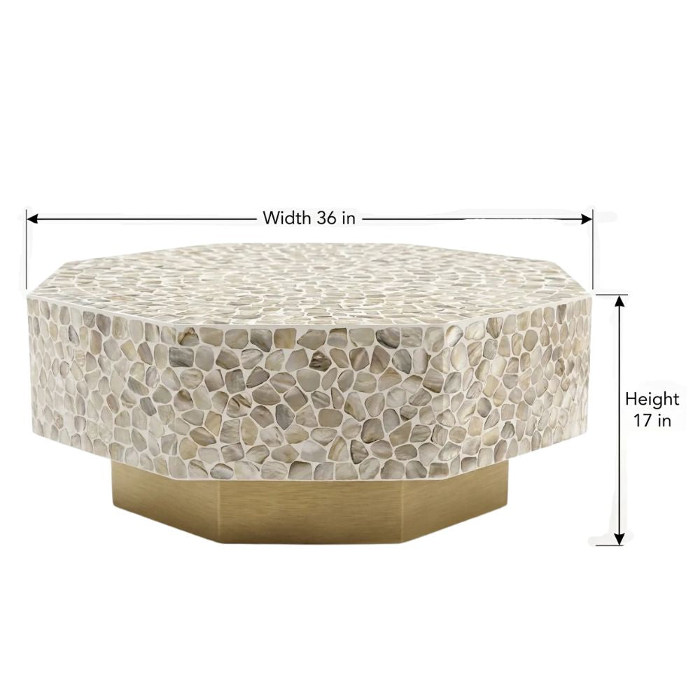 Mother of Pearl Inlay Hexagon Coffee Table – White with Brass Base
