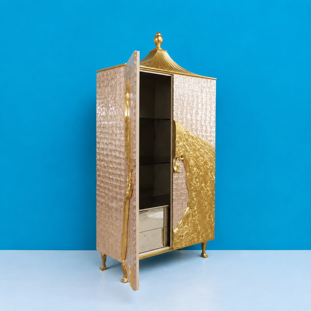 Virasat Handmade Brass Golden Peacock Wardrobe