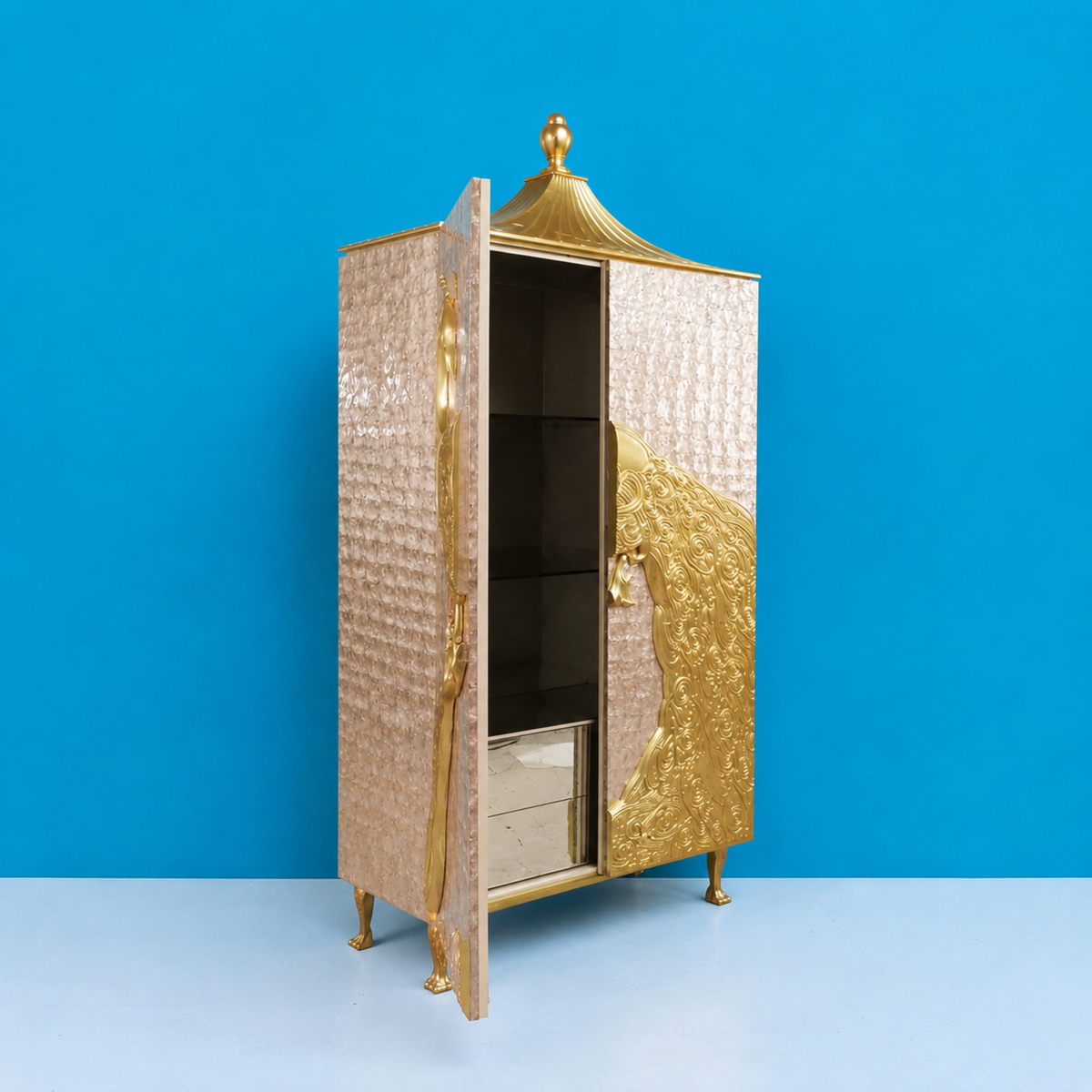 Virasat Handmade Brass Golden Peacock Wardrobe