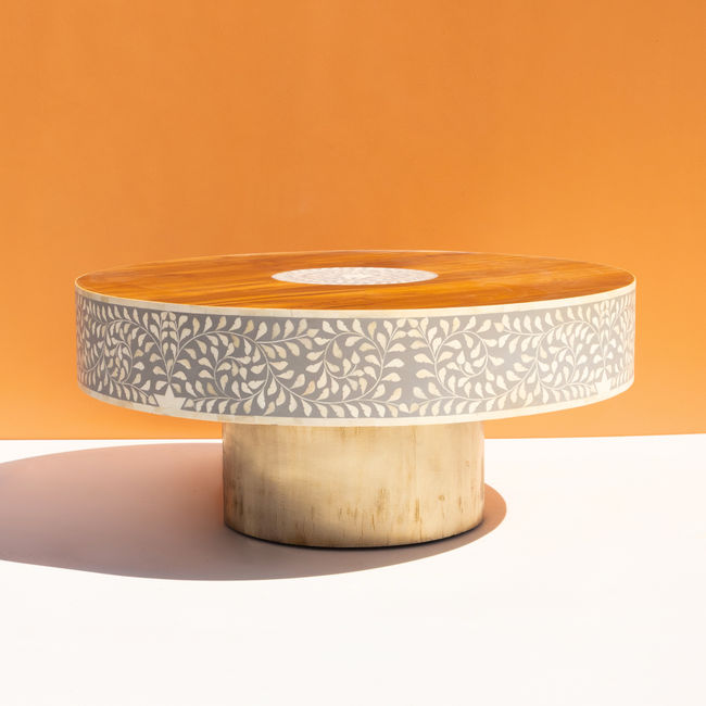 Royal Round Bone Inlay Coffee Table with Wooden Top Main Image