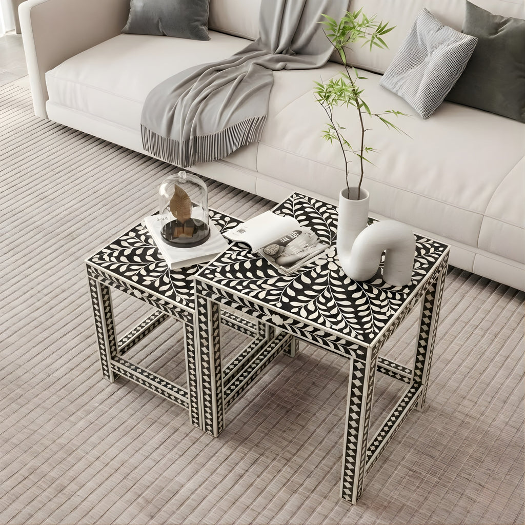 Naqshika Coffee Table – Black & Ivory Geometric Inlay Set of 2