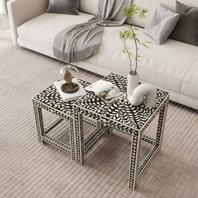 Naqshika Coffee Table – Black & Ivory Geometric Inlay Set of 2 Hover Image