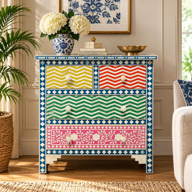 Rainbow Bone Inlay Dresser – Multicolor Geometric Chest of Drawers Hover Image