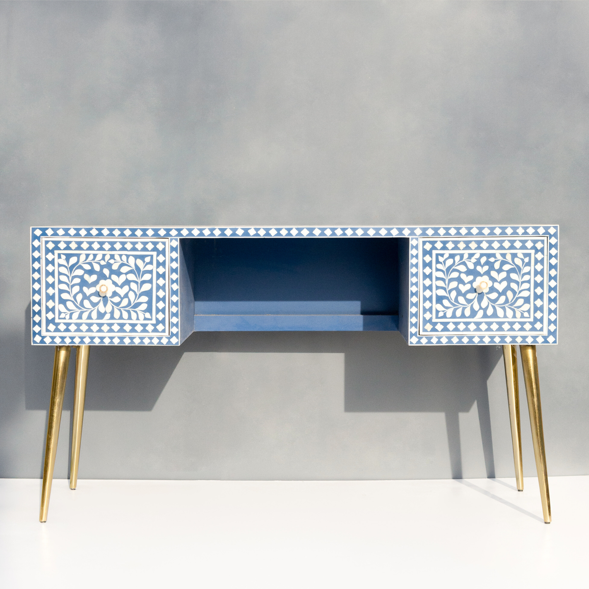 Handmade Bone inlay Floral Study Desk / Console Table and Brass-Finished Legs