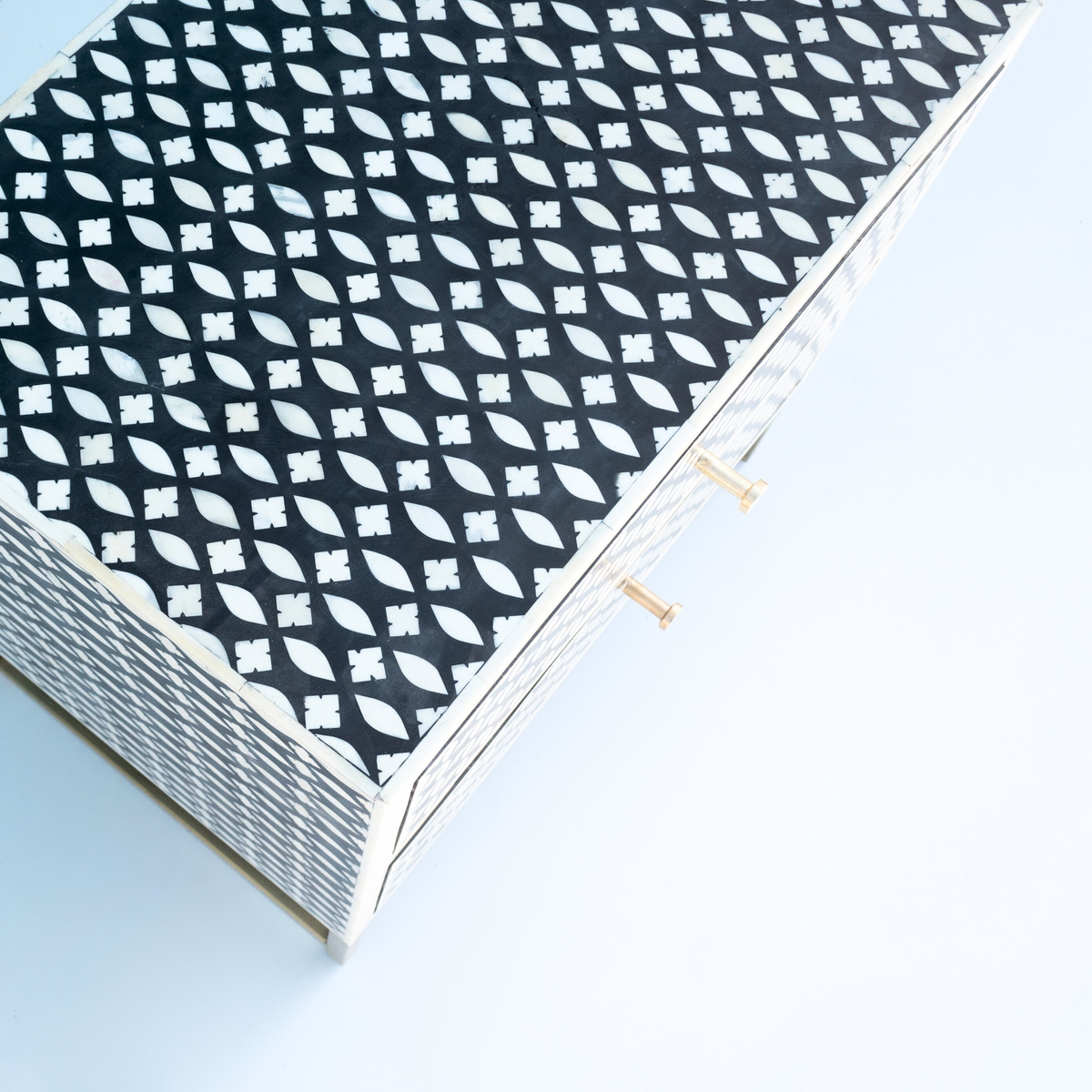 Modern Black & White Bone Inlay Bedside Table with 2 Drawers
