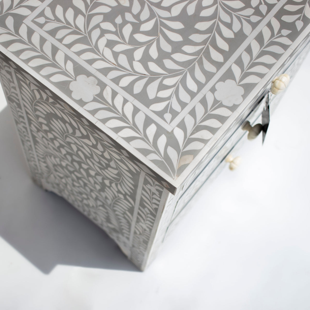 Rooh Bone Inlay Grey Floral 2 Drawer Bedside Table