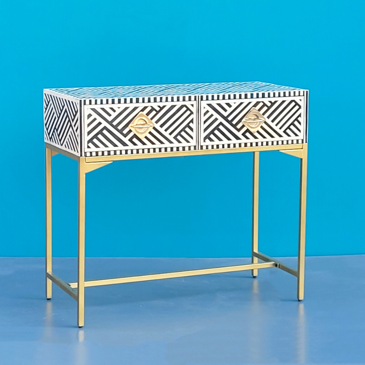 Taj Signature Black And White Bone inlay 2 Drawers Console Table
