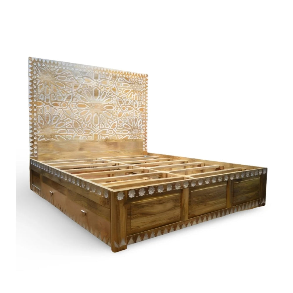 Handcrafted Solid Mango Wooden Bed in Natural Finish - Mandala Patterned