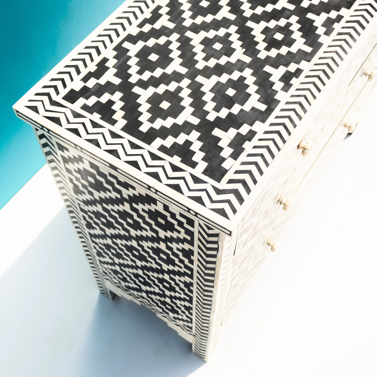 Dwarka Black & White Bone Inlay Chest of Drawers with Geometric Pattern